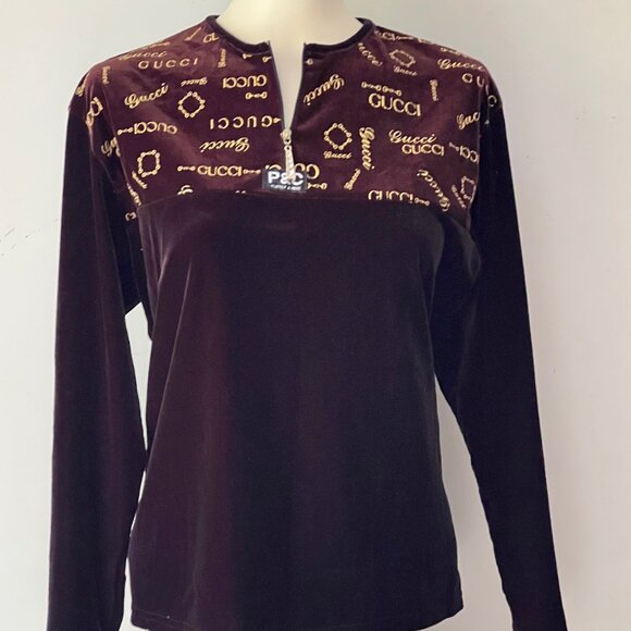 Vintage Brown Velvet Logo Top with Rhinestone Zip Detail, Size M - Picture 11 of 16